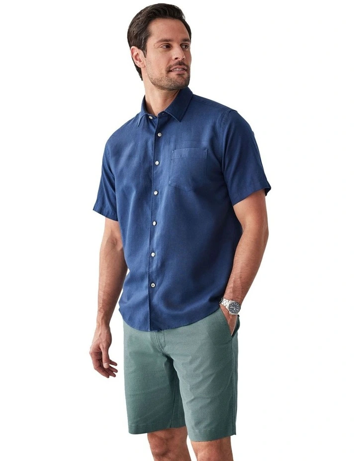 Linen Blend Plain Short Sleeve Shirt in Navy image 4