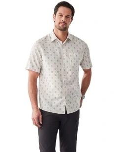 Linen Blend Geo Print Short Sleeve Shirt in Natural