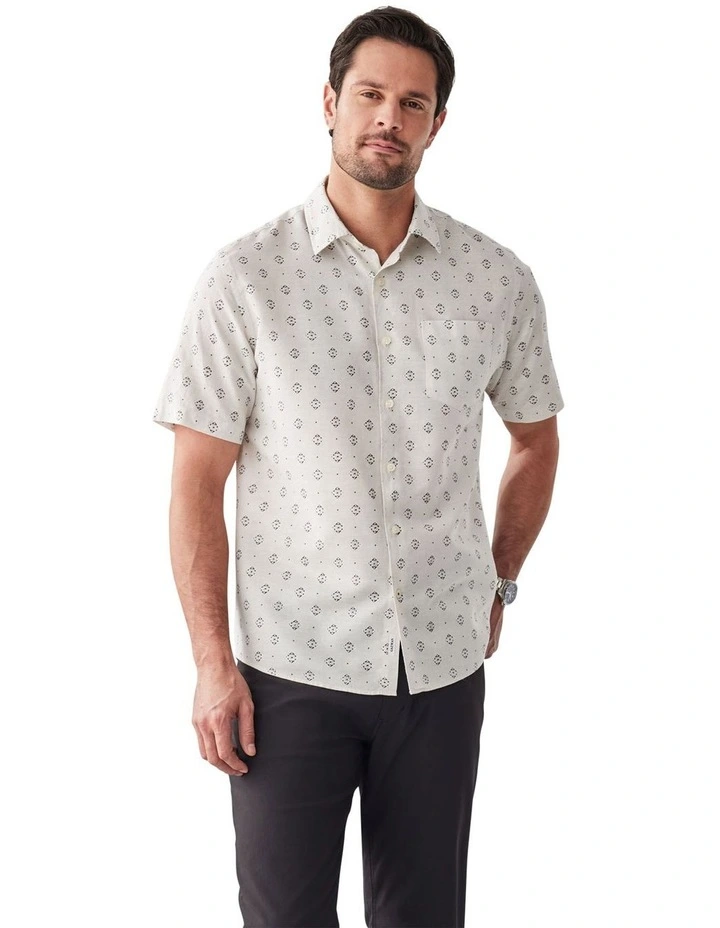 Linen Blend Geo Print Short Sleeve Shirt in Natural image 1