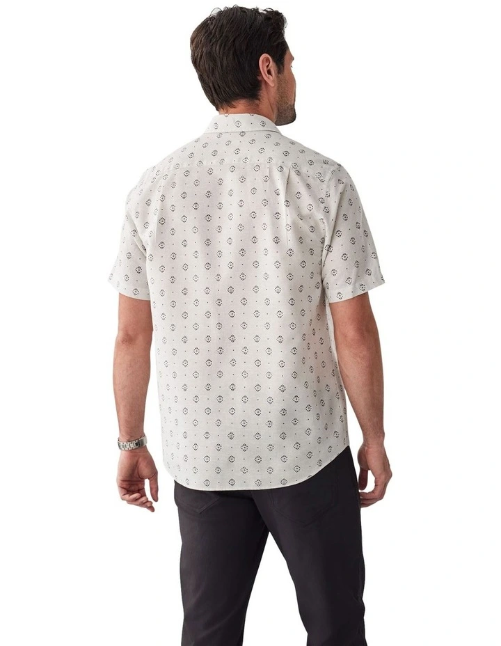 Linen Blend Geo Print Short Sleeve Shirt in Natural image 2