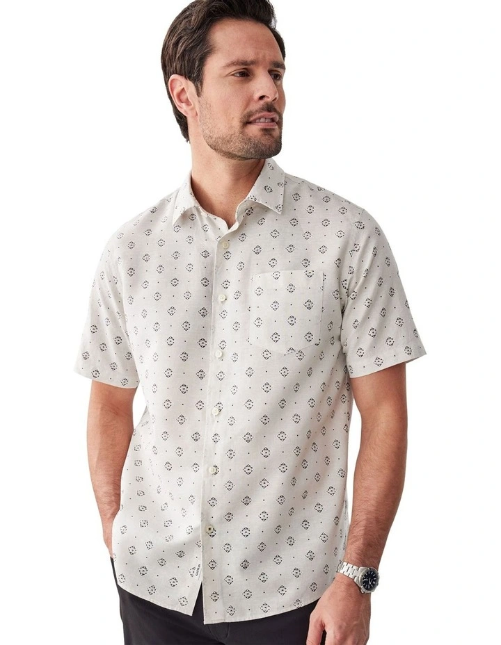 Linen Blend Geo Print Short Sleeve Shirt in Natural image 3