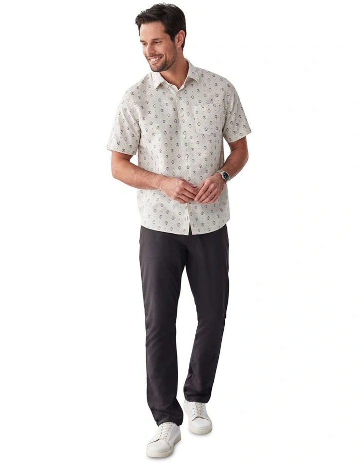 Linen Blend Geo Print Short Sleeve Shirt in Natural image 5