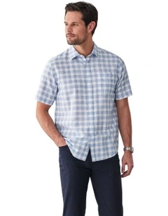 Linen Blend Short Sleeve Check Shirt in Blue