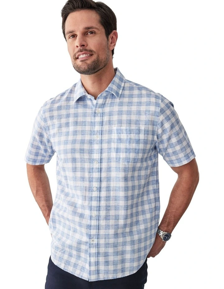 Linen Blend Short Sleeve Check Shirt in Blue image 3