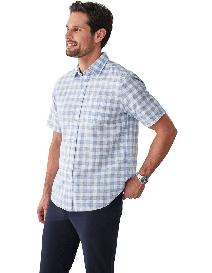 Linen Blend Short Sleeve Check Shirt in Blue image 4