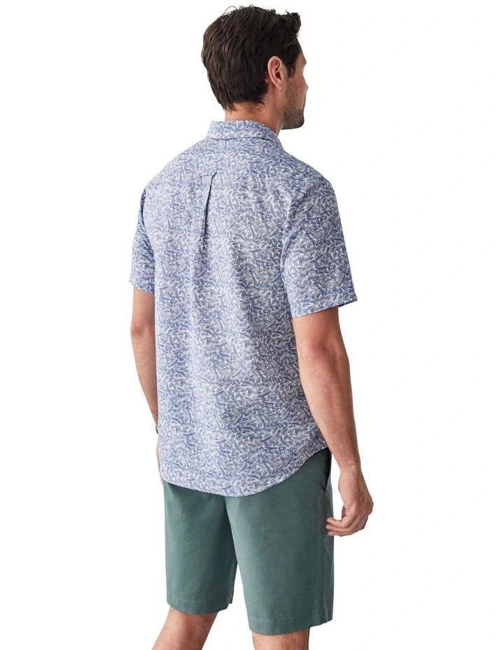 Linen Blend Fern Print Short Sleeve Shirt in Navy image 2