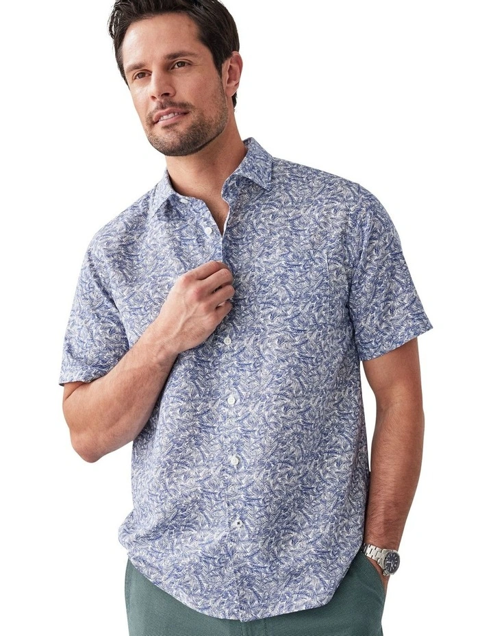 Linen Blend Fern Print Short Sleeve Shirt in Navy image 3