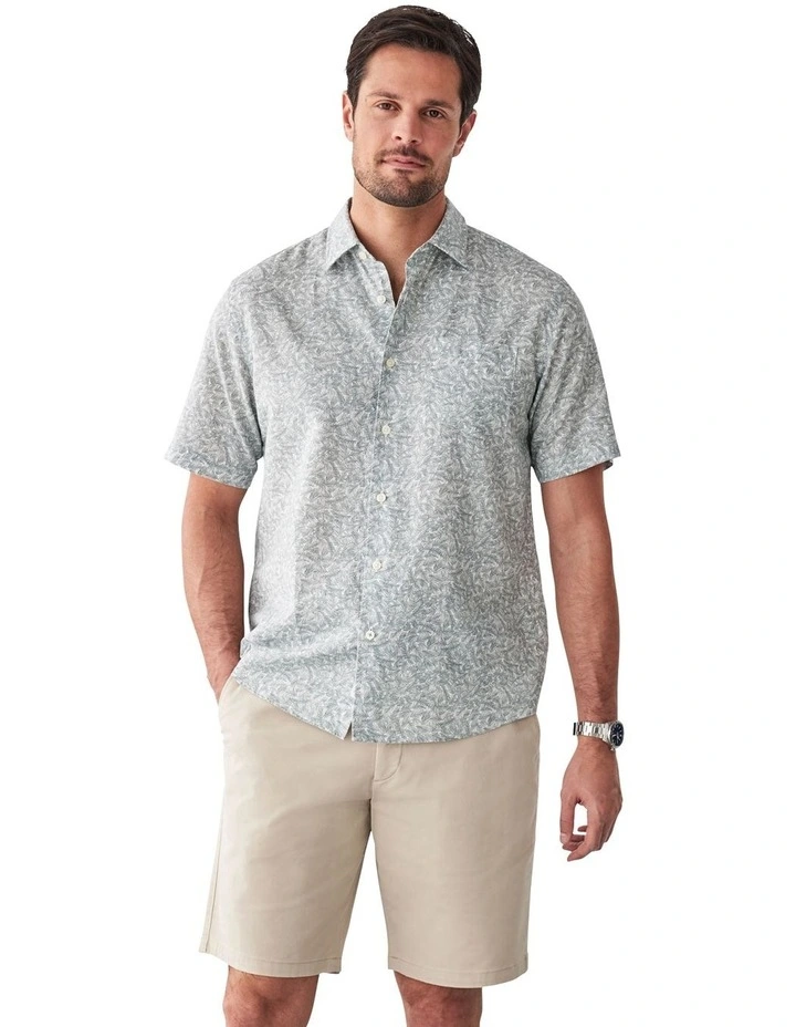 Linen Blend Fern Print Short Sleeve Shirt in Sage image 1