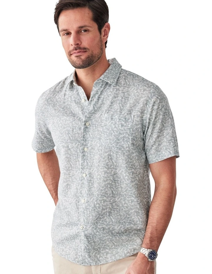 Linen Blend Fern Print Short Sleeve Shirt in Sage image 3