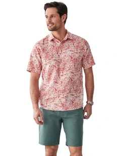 Linen Blend Jungle Print Short Sleeve Shirt in Washed Red
