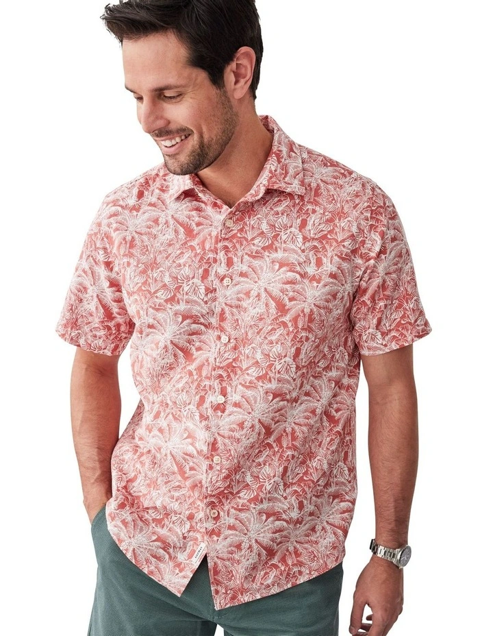 Linen Blend Jungle Print Short Sleeve Shirt in Washed Red image 3