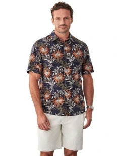 Linen Blend Palm Print Short Sleeve Shirt in Multi