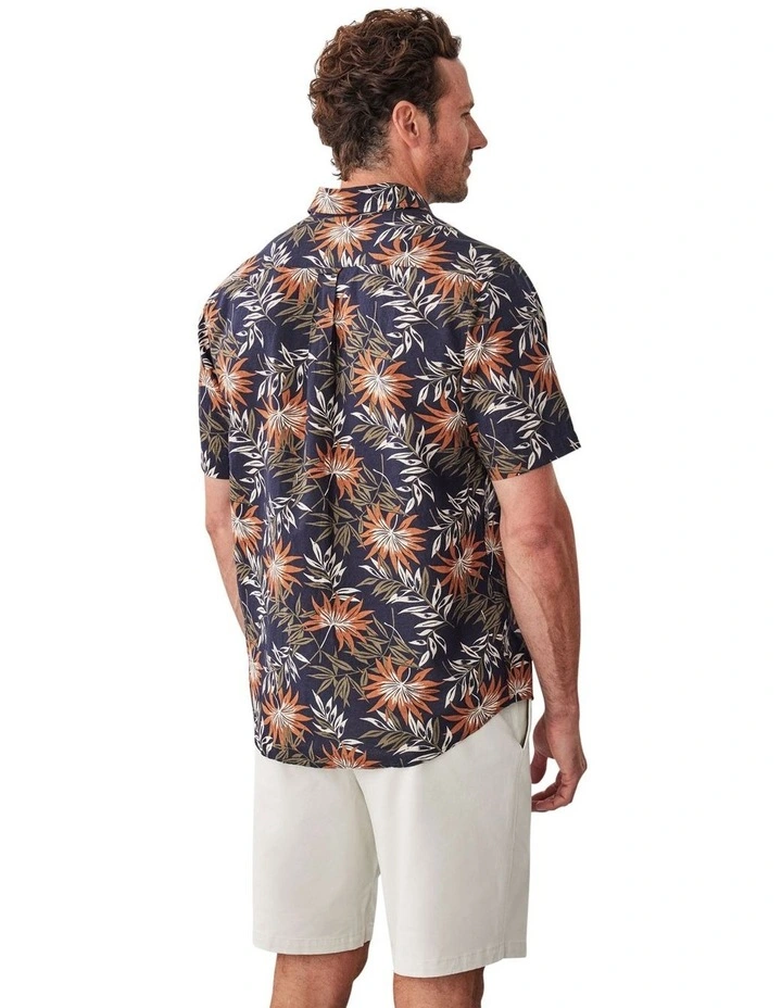 Linen Blend Palm Print Short Sleeve Shirt in Multi image 2