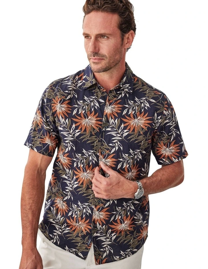 Linen Blend Palm Print Short Sleeve Shirt in Multi image 3