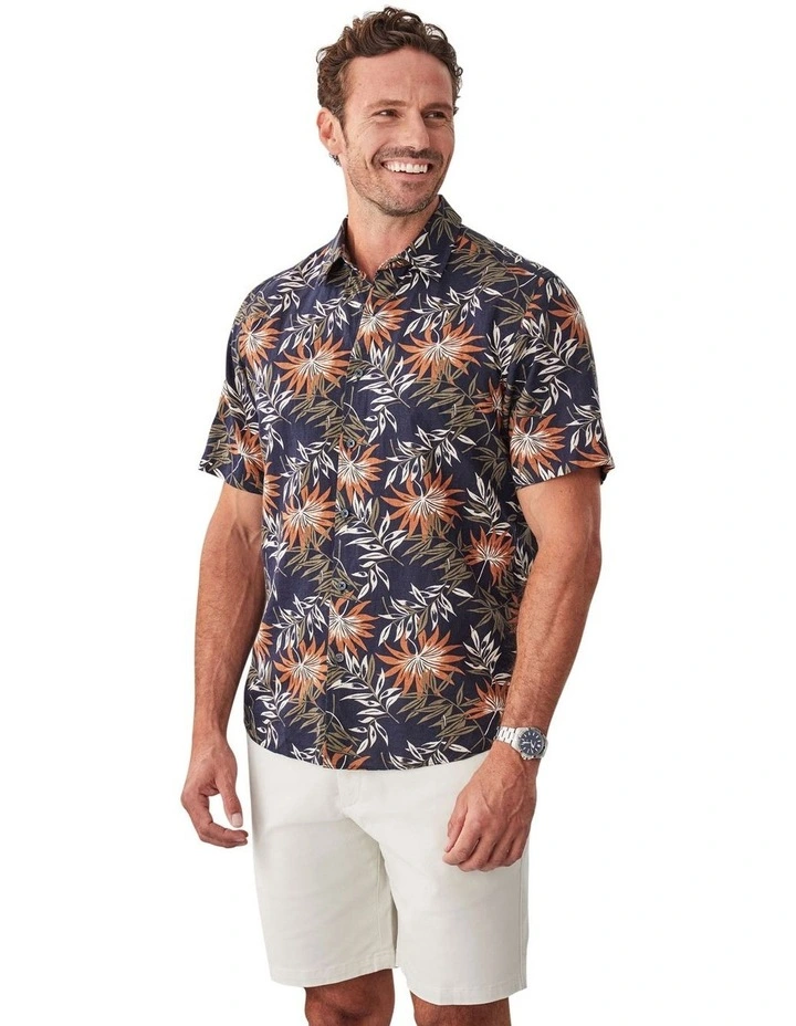 Linen Blend Palm Print Short Sleeve Shirt in Multi image 4