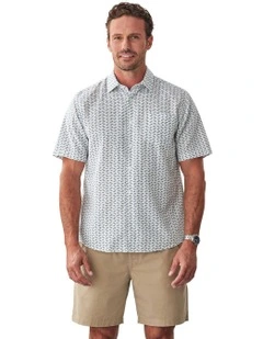 Linen Blend Shark Print Short Sleeve Shirt in White