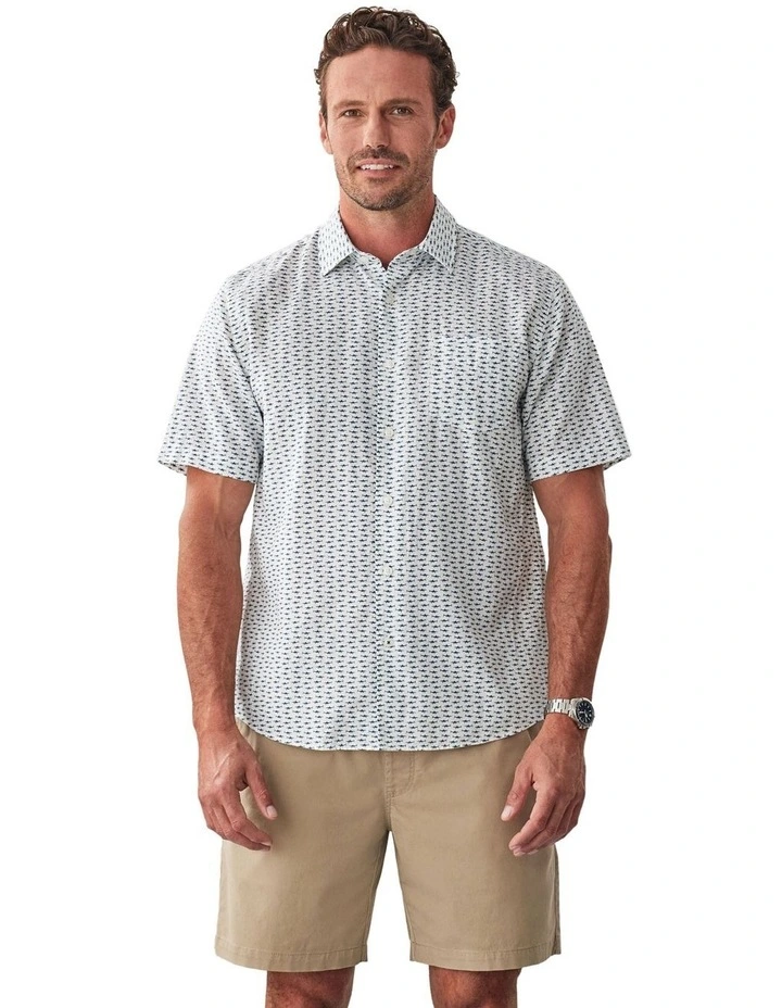 Linen Blend Shark Print Short Sleeve Shirt in White image 1