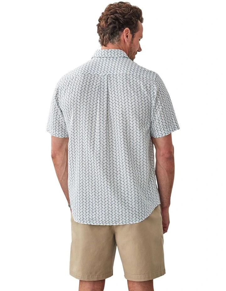 Linen Blend Shark Print Short Sleeve Shirt in White image 2
