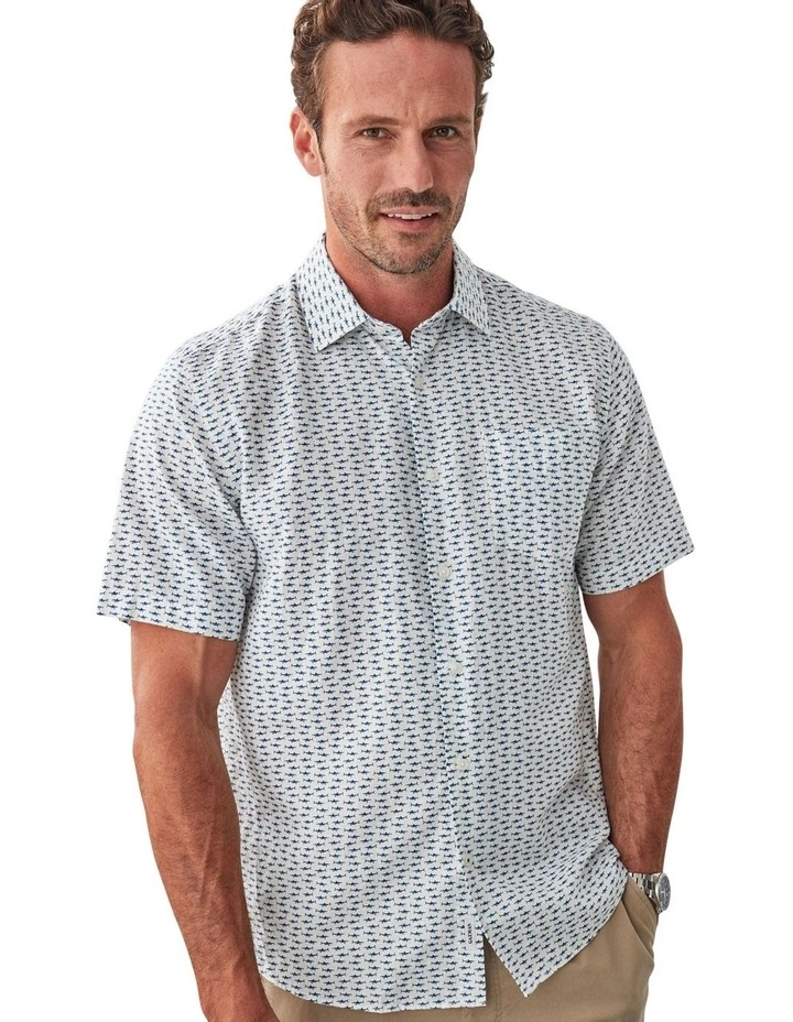 Linen Blend Shark Print Short Sleeve Shirt in White image 3
