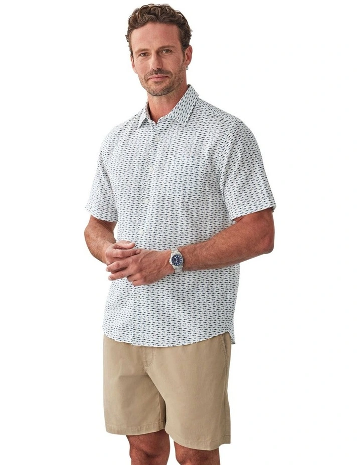 Linen Blend Shark Print Short Sleeve Shirt in White image 4