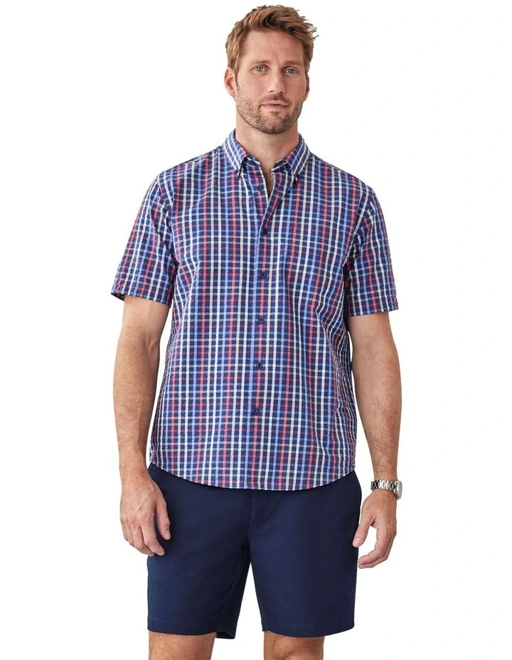 Casual Seersucker Check Short Sleeve Shirt in Navy image 1