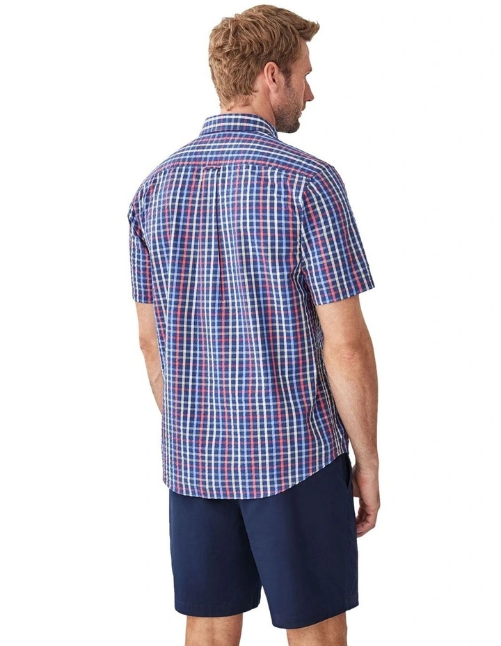 Casual Seersucker Check Short Sleeve Shirt in Navy image 2