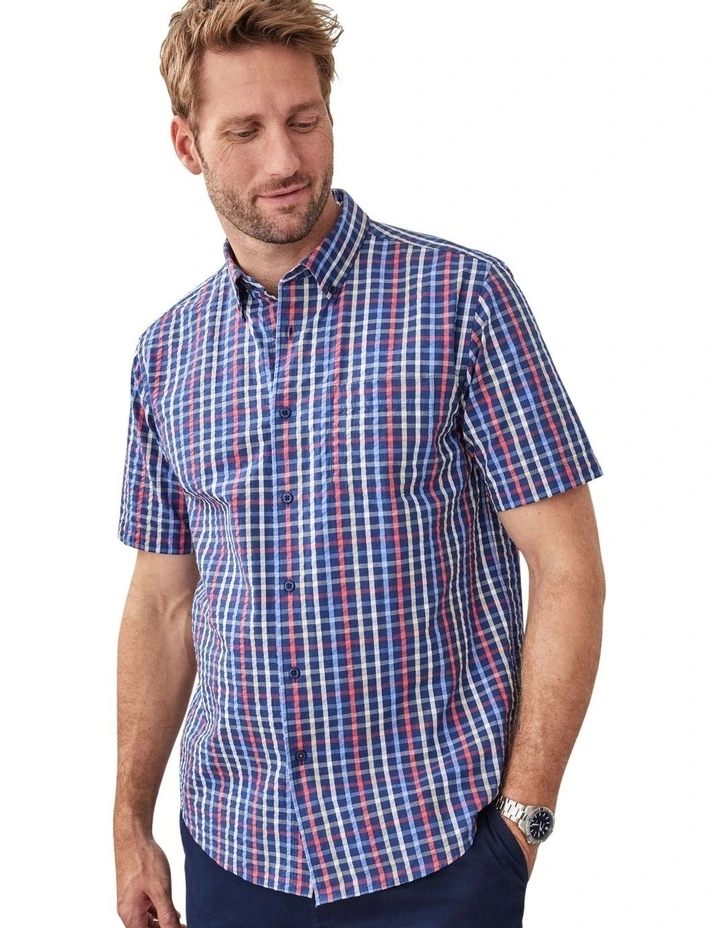 Casual Seersucker Check Short Sleeve Shirt in Navy image 3