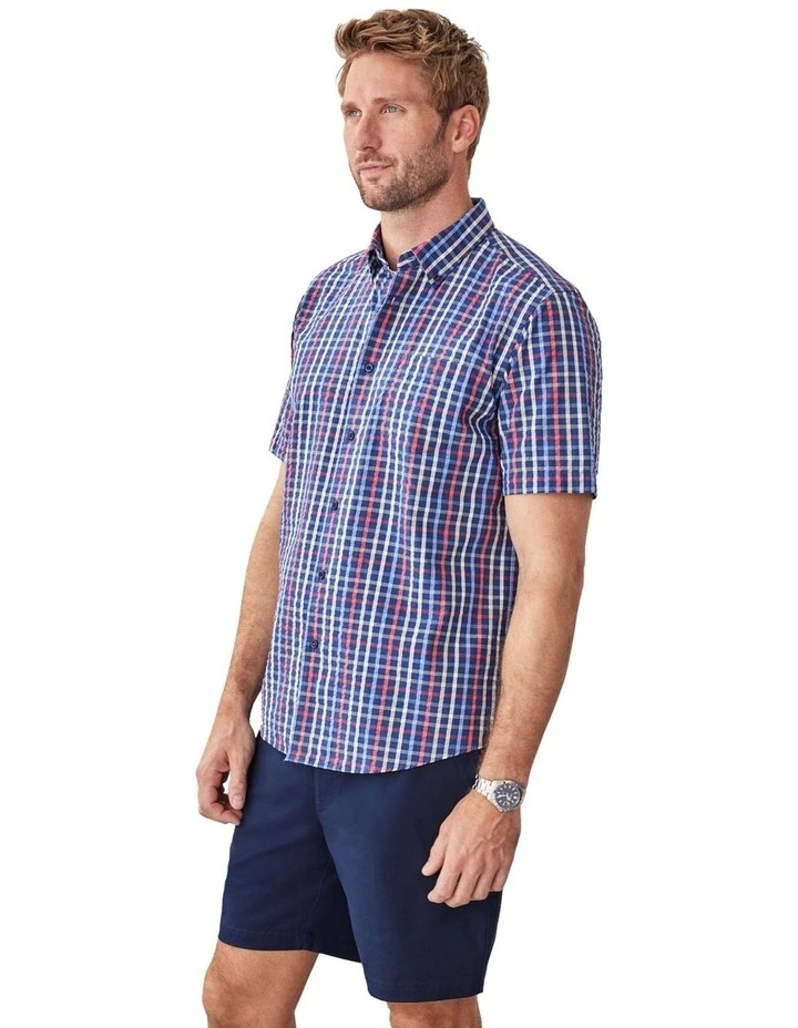 Casual Seersucker Check Short Sleeve Shirt in Navy image 4