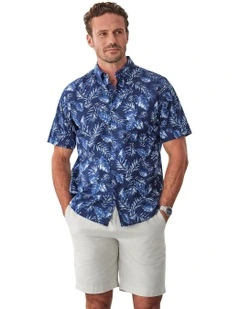 Casual Leaf Print Short Sleeve Shirt in Navy