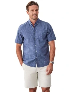 Linen Blend Micro Floral Short Sleeve Shirt in Denim