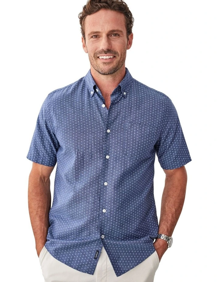 Linen Blend Micro Floral Short Sleeve Shirt in Denim image 3