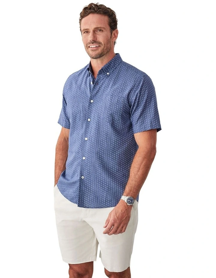 Linen Blend Micro Floral Short Sleeve Shirt in Denim image 4