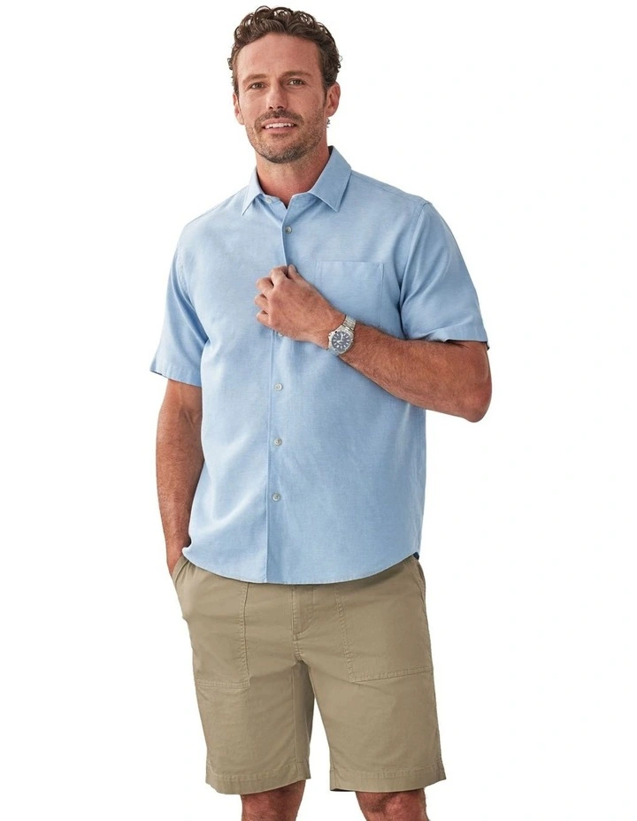 Linen Blend Plain Short Sleeve Shirt in Chambray image 1