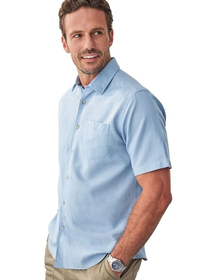 Linen Blend Plain Short Sleeve Shirt in Chambray image 3