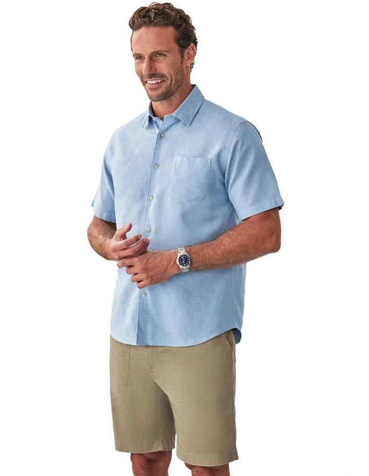 Linen Blend Plain Short Sleeve Shirt in Chambray image 4