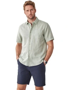 Linen Blend Plain Short Sleeve Shirt in Sage