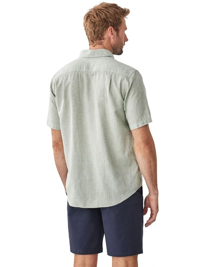 Linen Blend Plain Short Sleeve Shirt in Sage image 2
