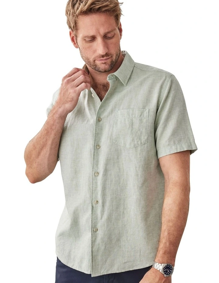 Linen Blend Plain Short Sleeve Shirt in Sage image 3