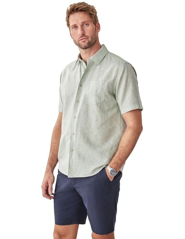 Linen Blend Plain Short Sleeve Shirt in Sage image 4