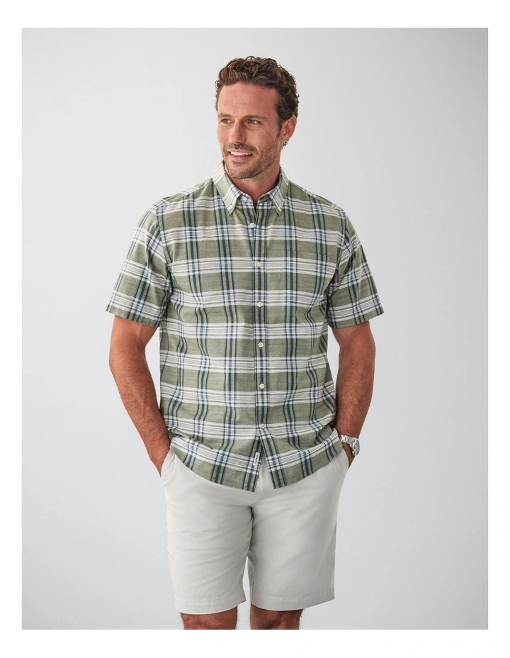Casual Slub Multi Check Short Sleeve Shirt in Khaki image 1