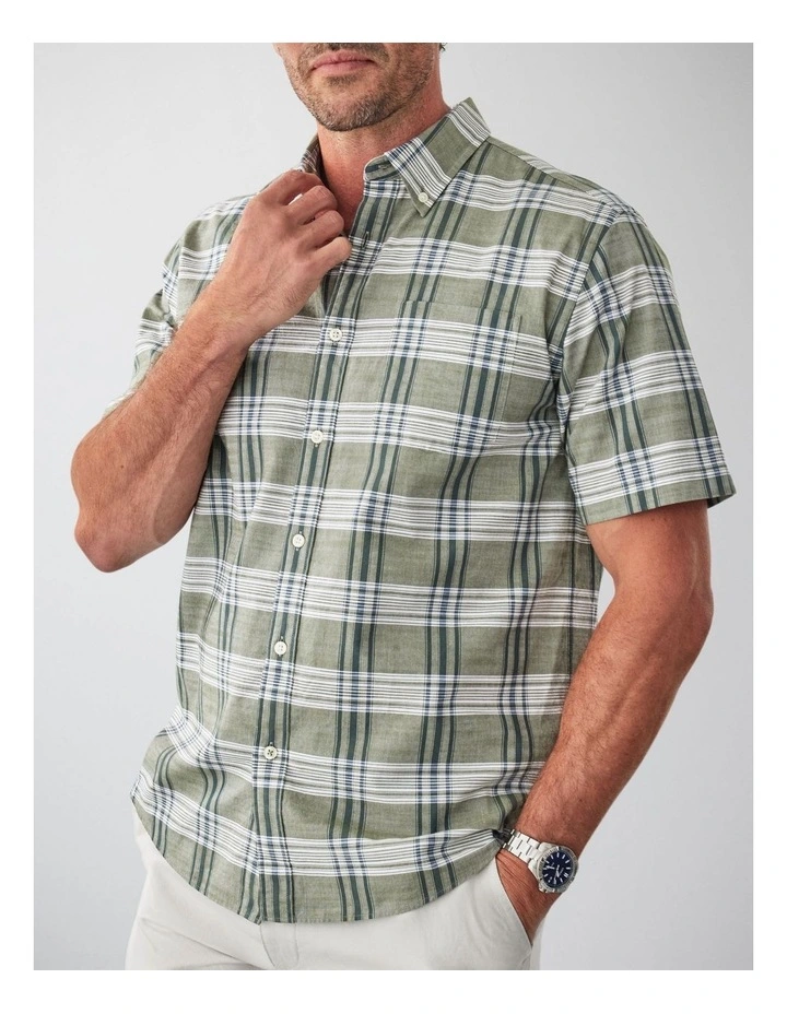 Casual Slub Multi Check Short Sleeve Shirt in Khaki image 3