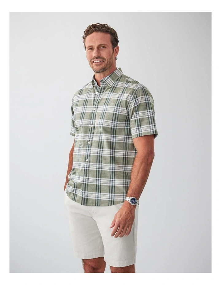 Casual Slub Multi Check Short Sleeve Shirt in Khaki image 4