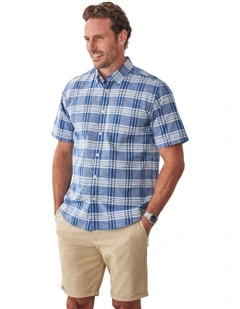 Casual Slub Check Short Sleeve Shirt in Blue