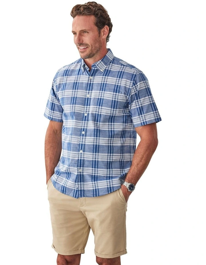 Casual Slub Check Short Sleeve Shirt in Blue image 1