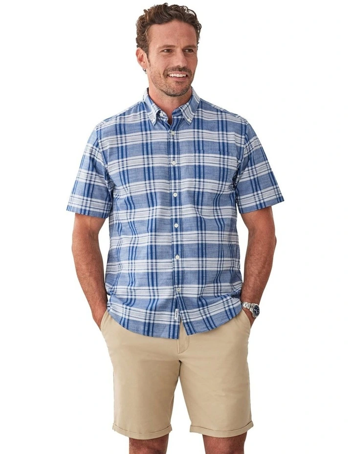 Casual Slub Check Short Sleeve Shirt in Blue image 3