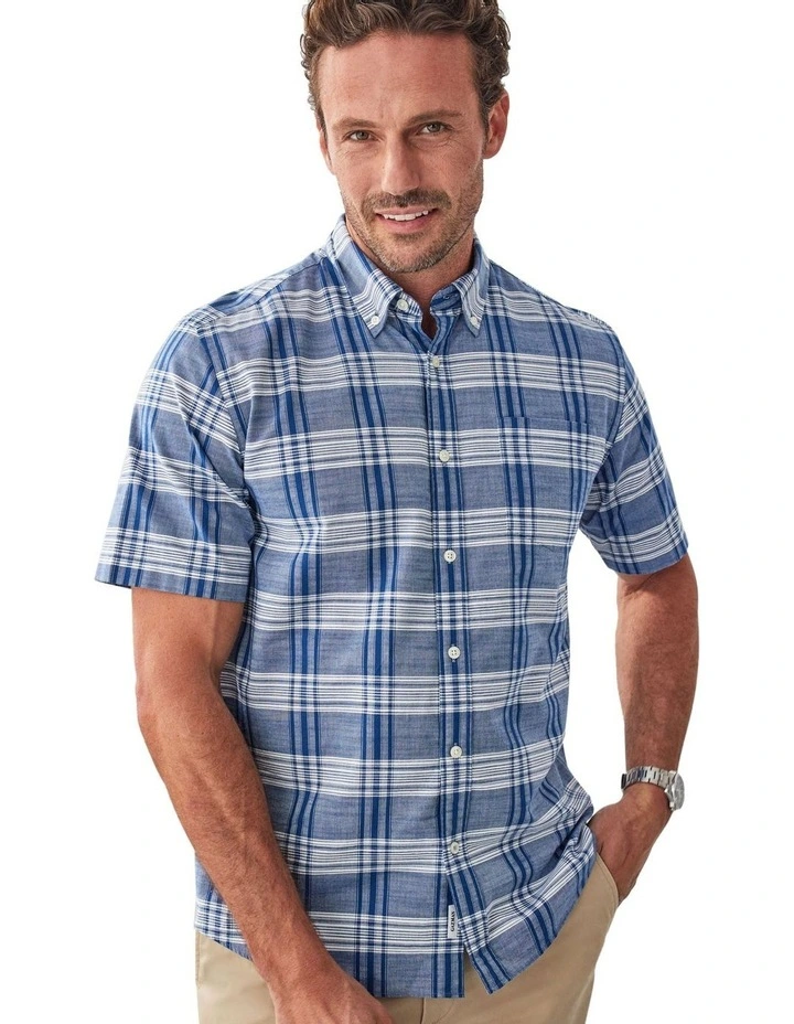 Casual Slub Check Short Sleeve Shirt in Blue image 4