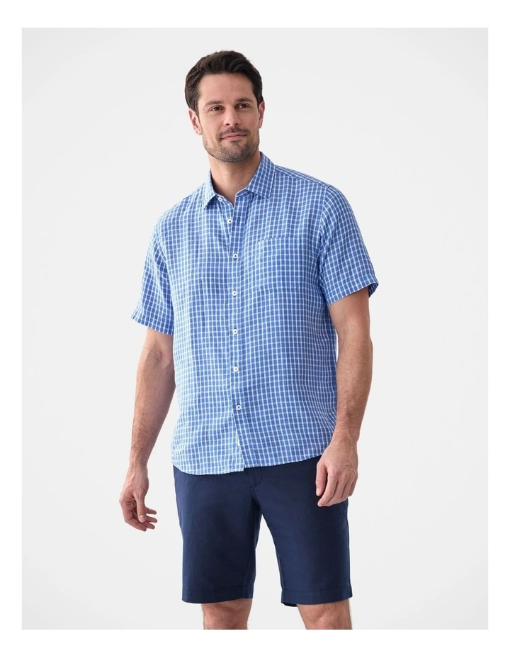 Pure Linen Short Sleeve Check Shirt Cayman Blue image 1