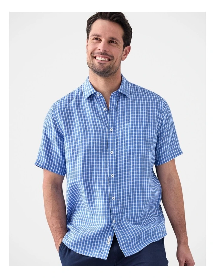 Pure Linen Short Sleeve Check Shirt Cayman Blue image 3