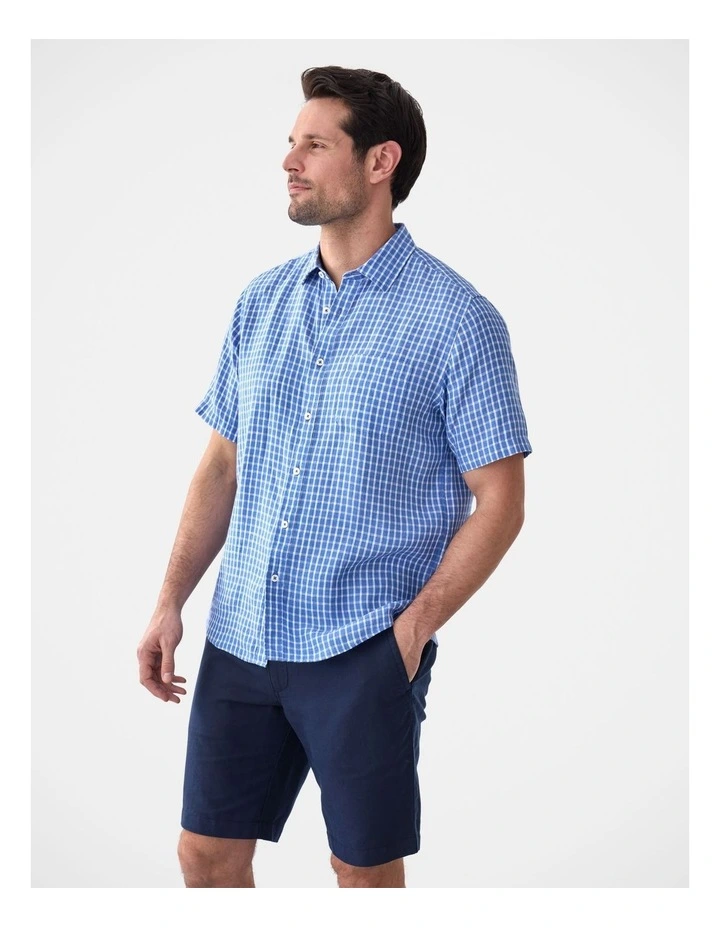 Pure Linen Short Sleeve Check Shirt Cayman Blue image 4