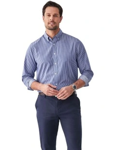 Easy Care Twill Stripe Long Sleeve Shirt in Indigo